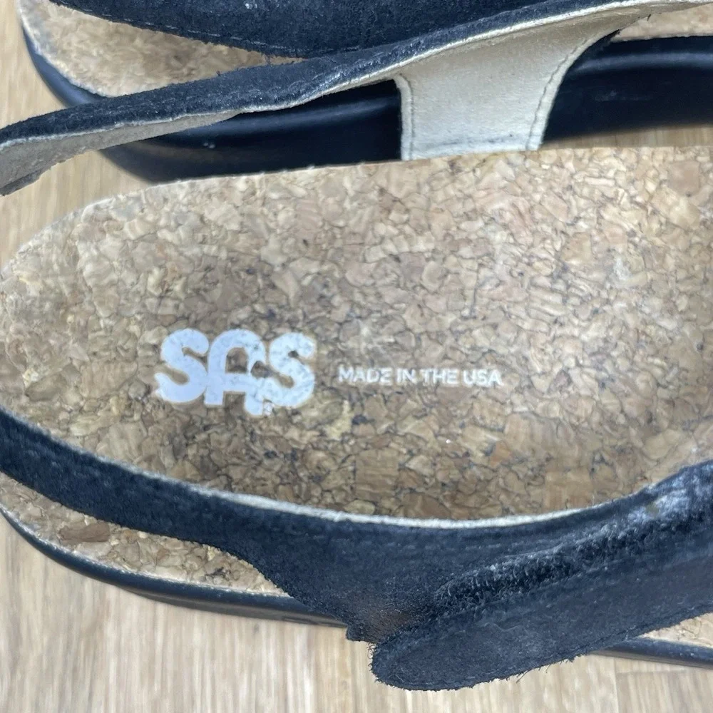 SAS Marina Sandals Womens 9.5 W Black Leather T-Strap Wide Cork Bed Thong Shoes‎